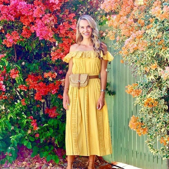 ZARA MUSTARD OFF THE SHOULDER EMBROIDERED MIDI FRILL DRESS SMALL NEW WITH TAGS - Picture 1 of 12